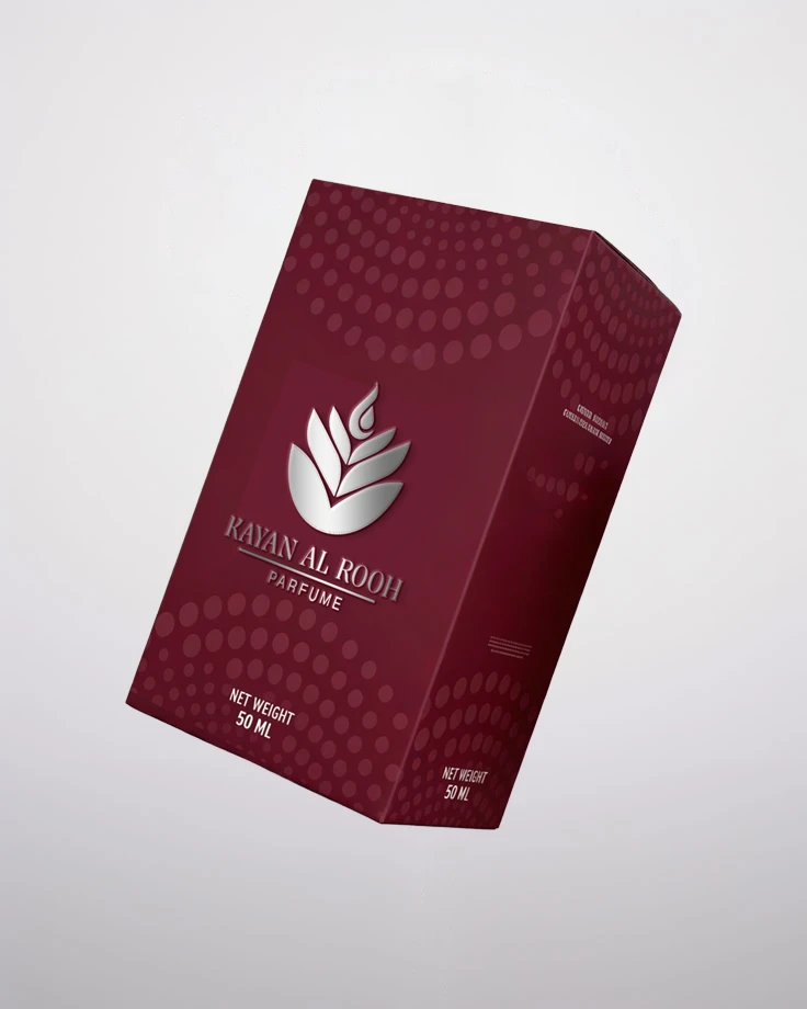 Deep burgundy Kayan folding carton packaging and luxury fragrance branding