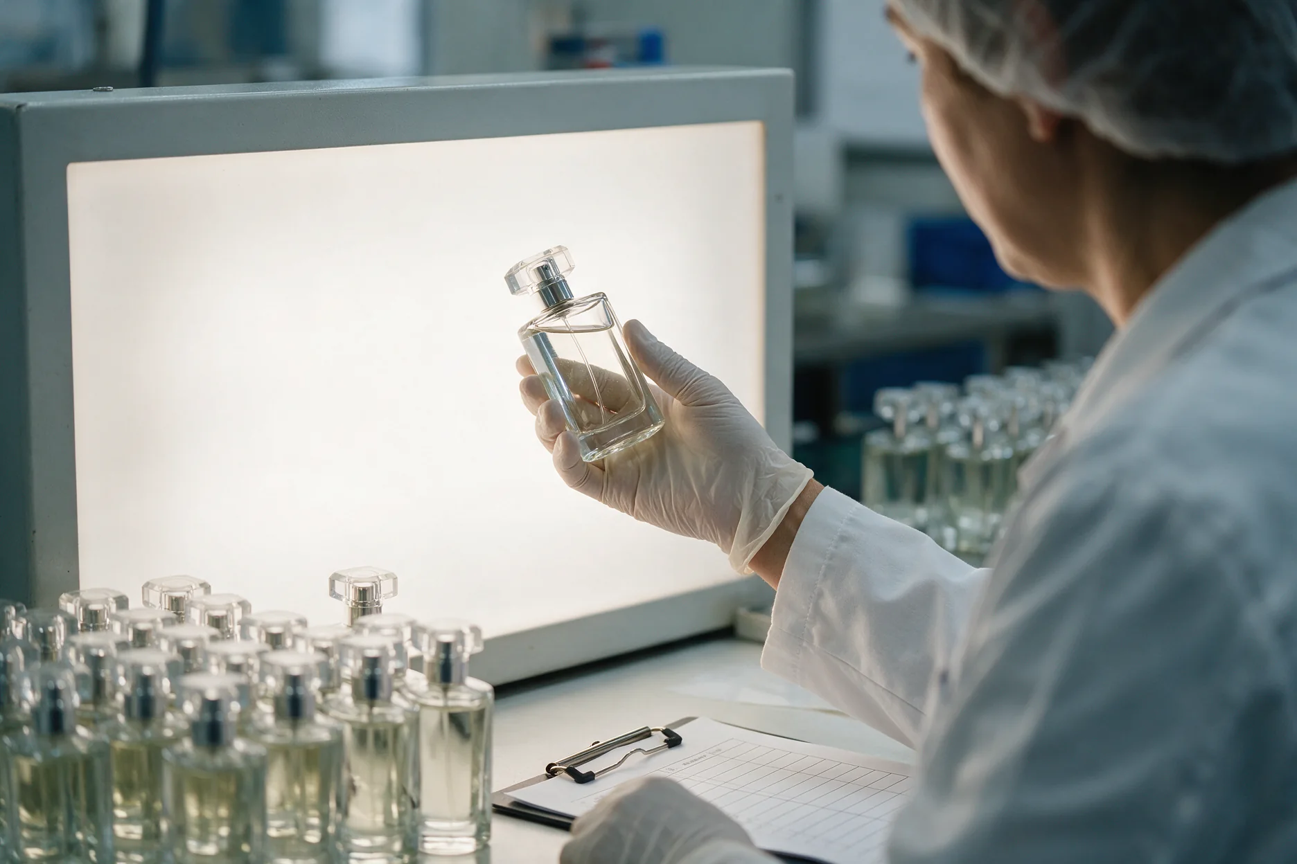 Technician inspecting a fragrance sample bottle