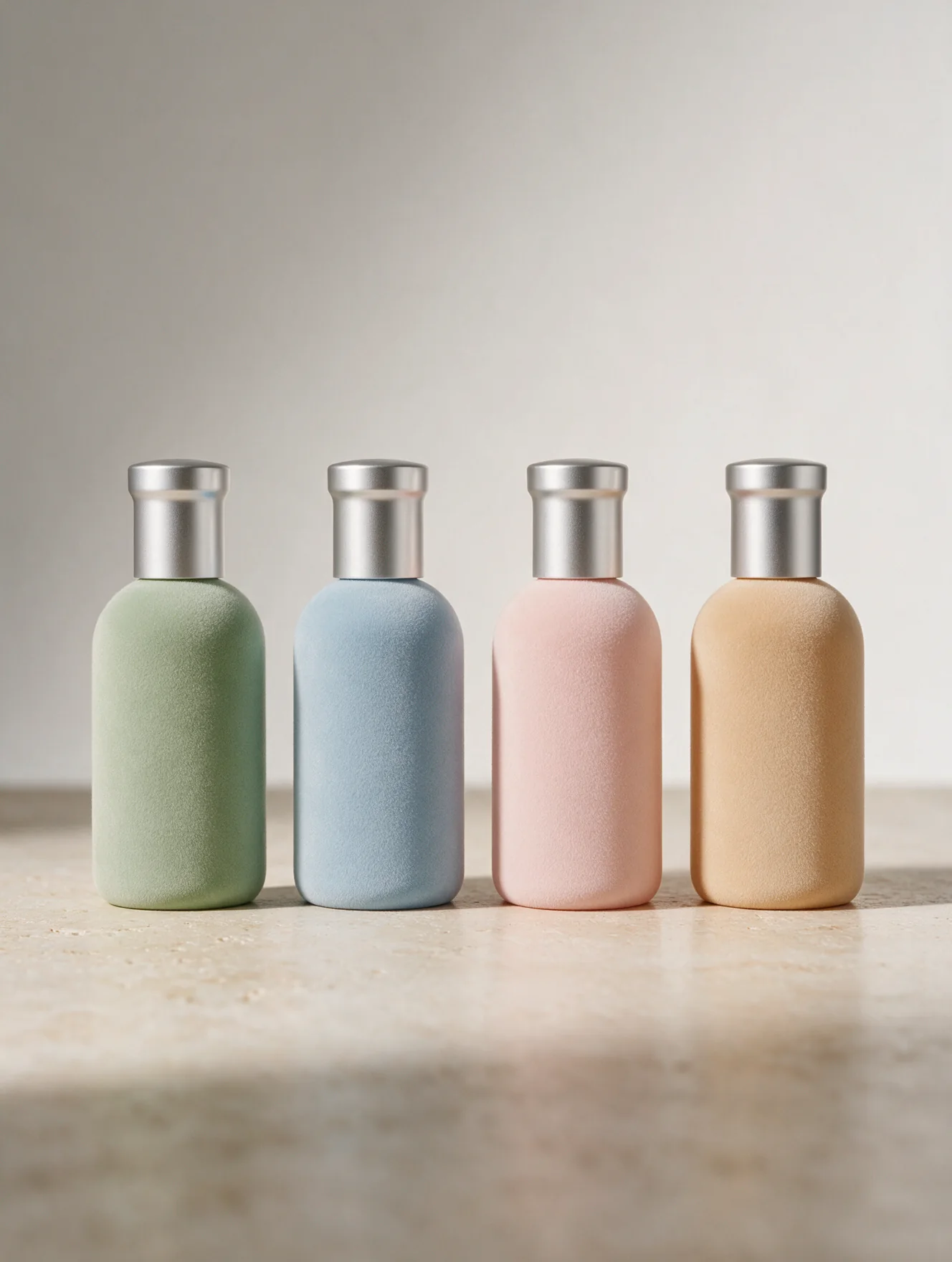 Four pastel deodorant spray bottles in a row