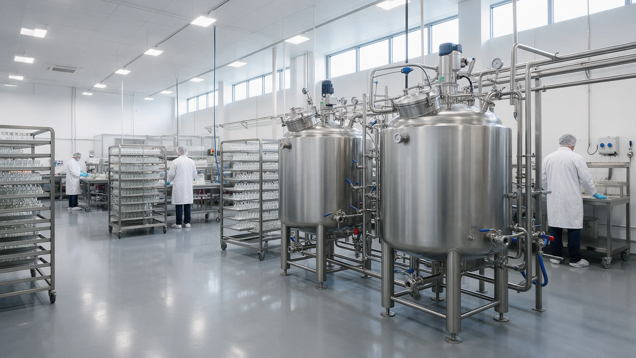 Stainless steel formulation tanks and sterile bottle racks in fragrance manufacturing facility