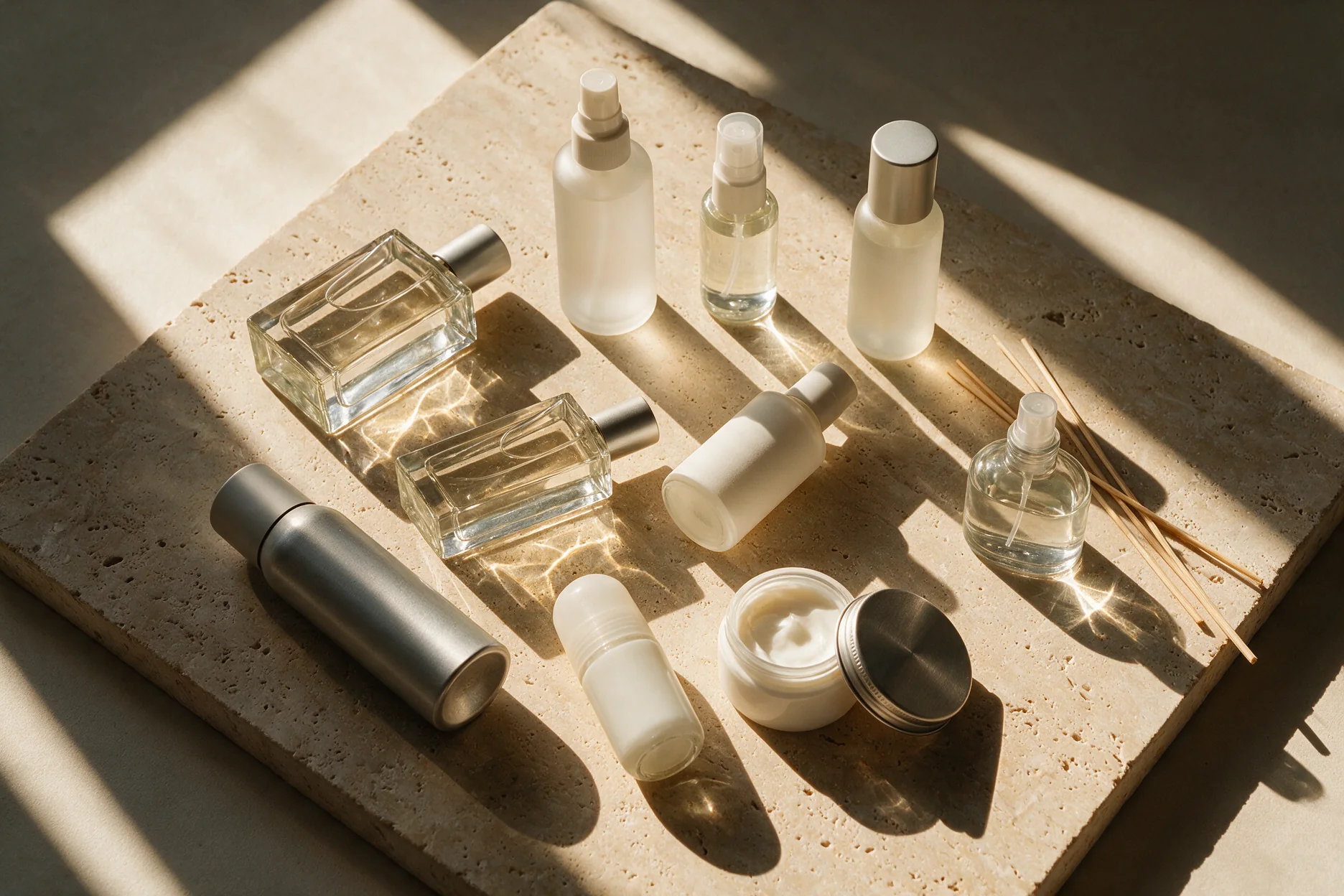 Bottles, jars and packaging formats laid out together