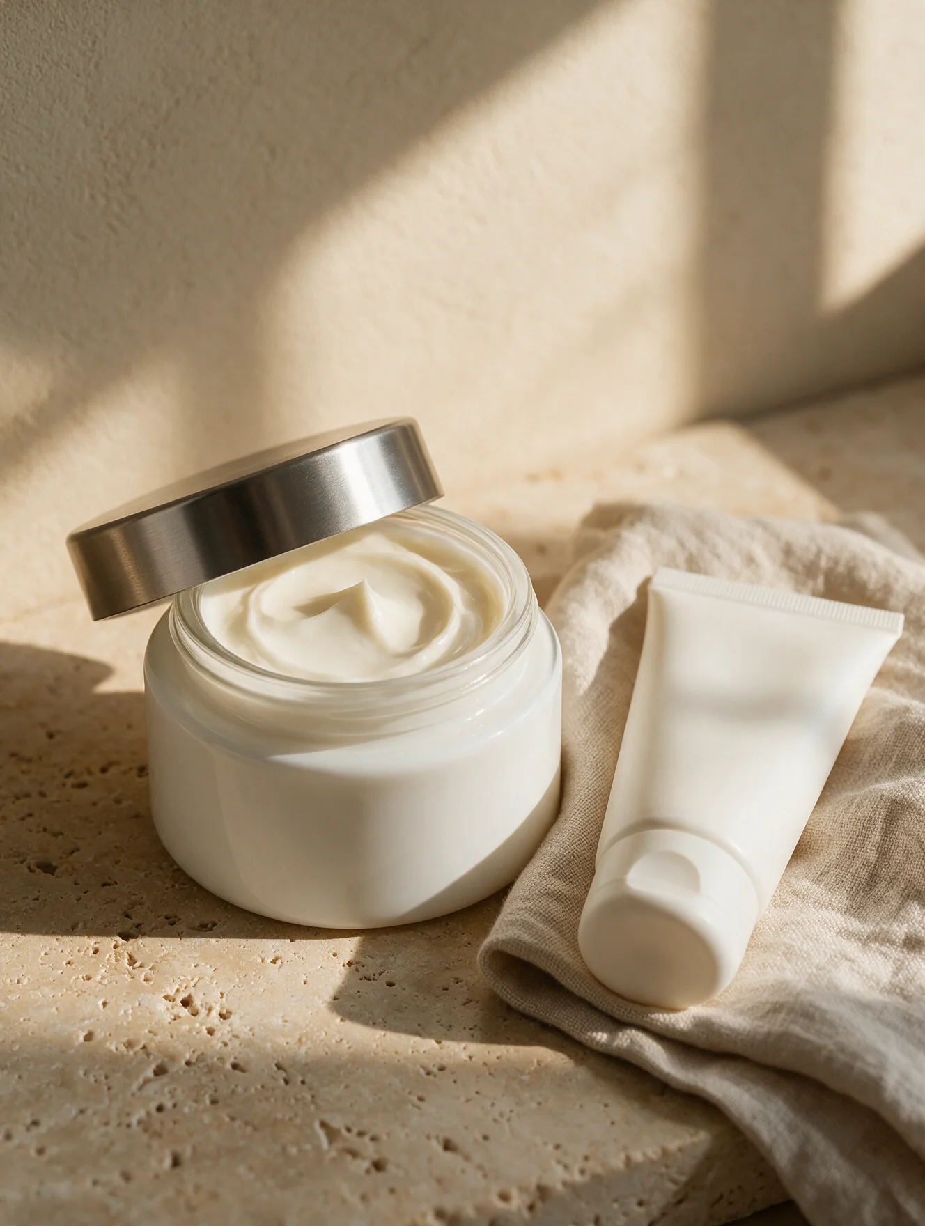Jar of scented body cream and squeeze tube on linen