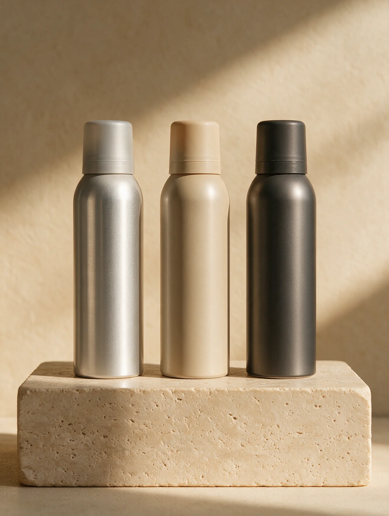 Aluminum all-over body spray bottles on stone base