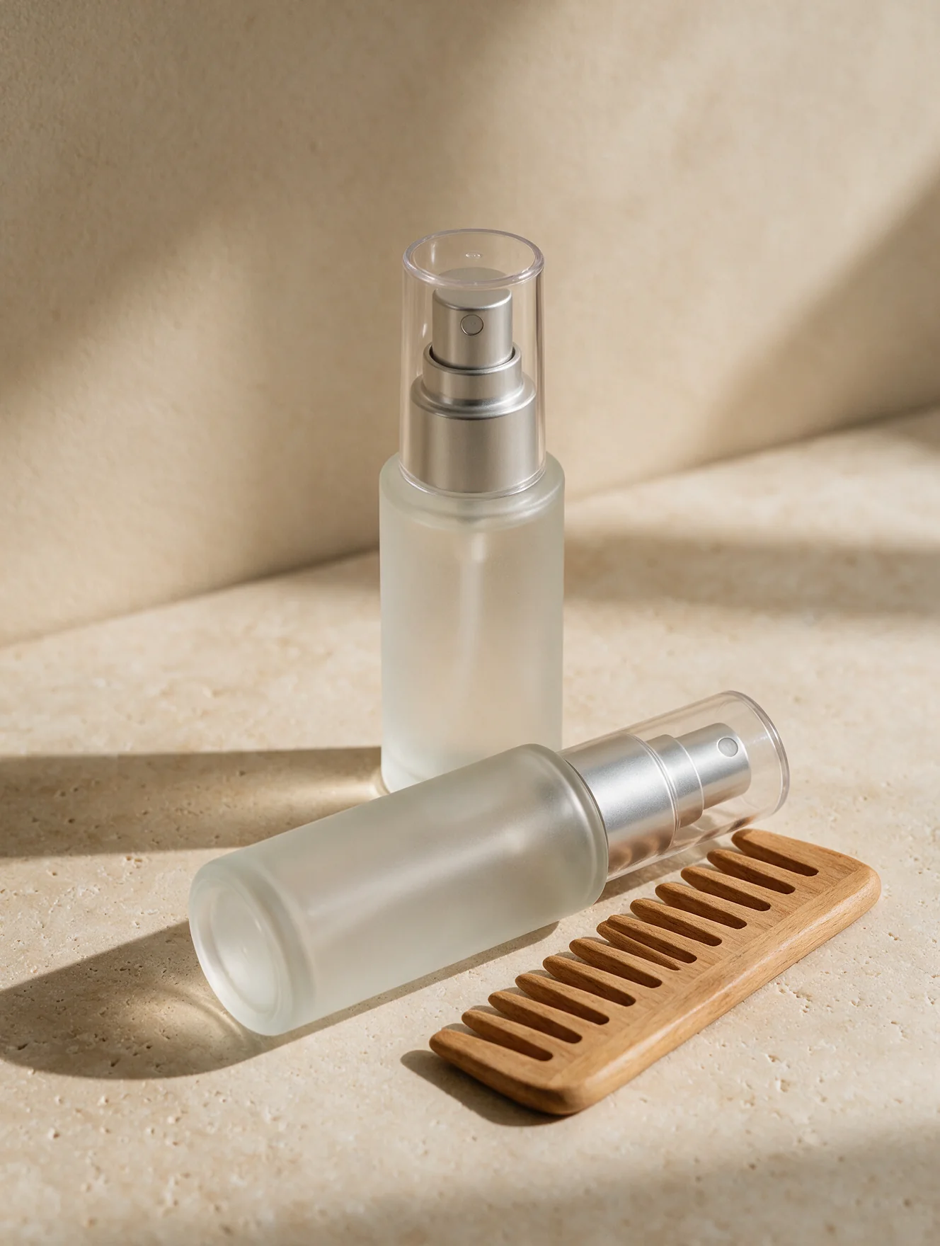 Frosted hair mist spray bottles with wooden comb