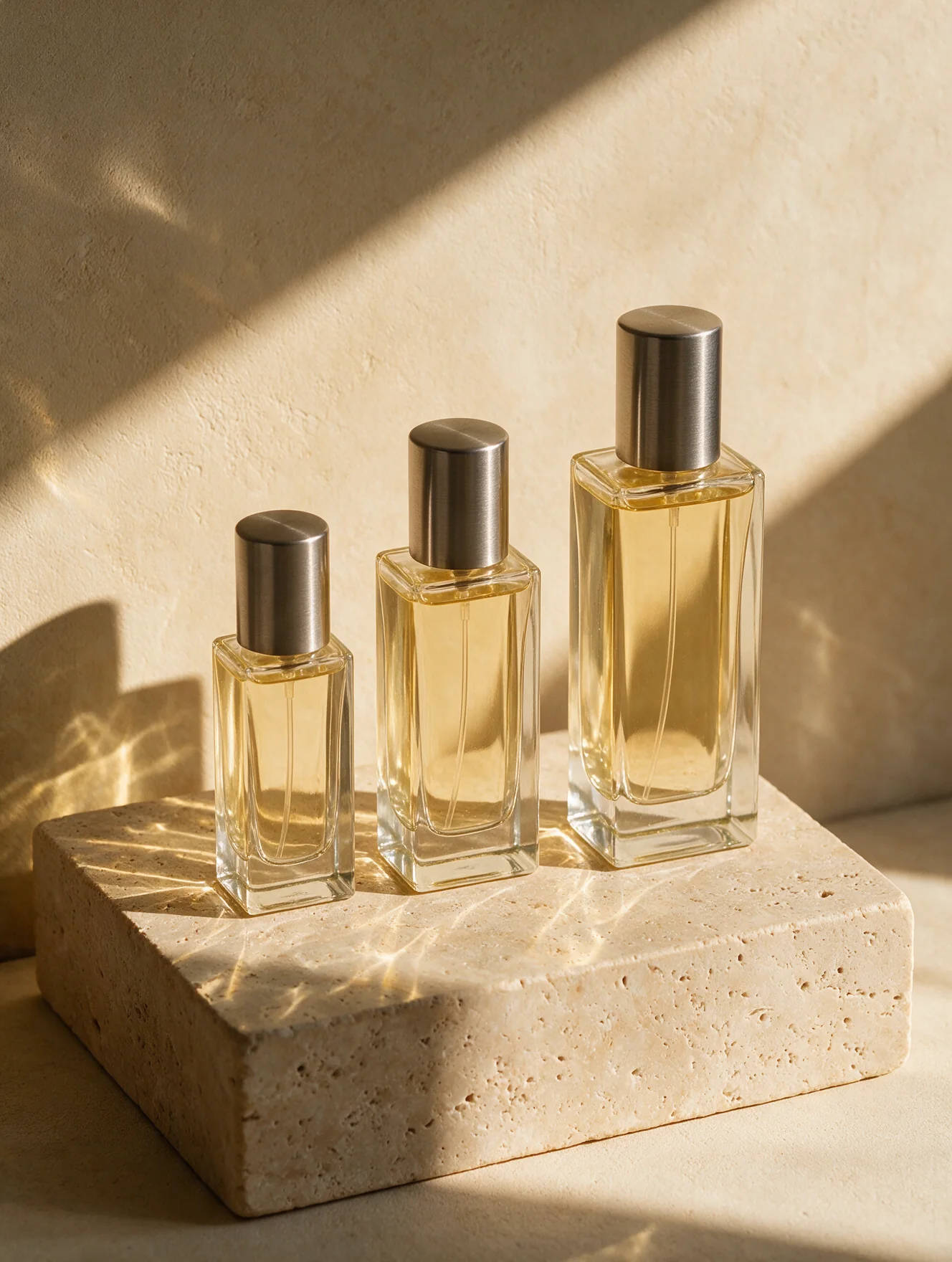 Three perfume oil bottles on stone podium