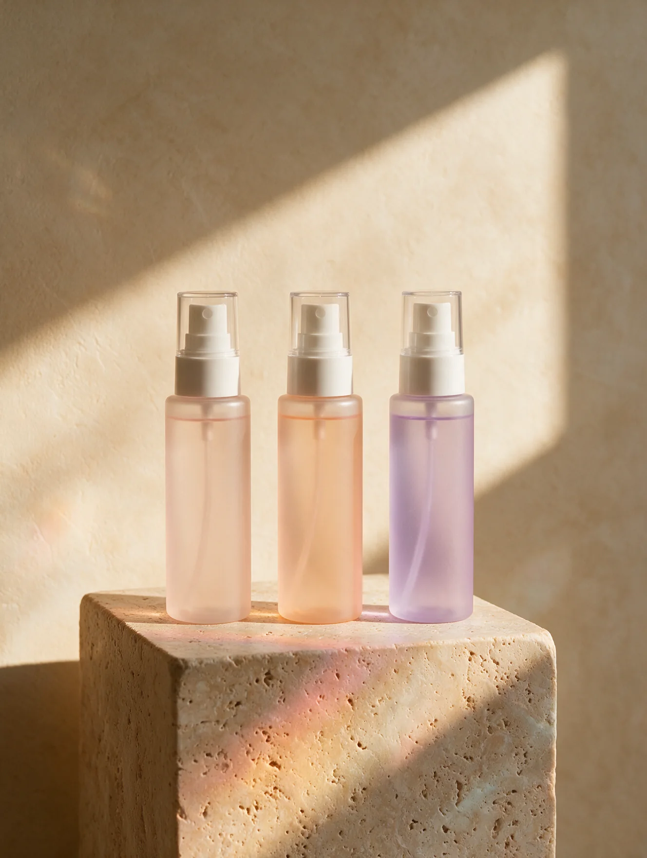 Three pastel body mist and splash spray bottles