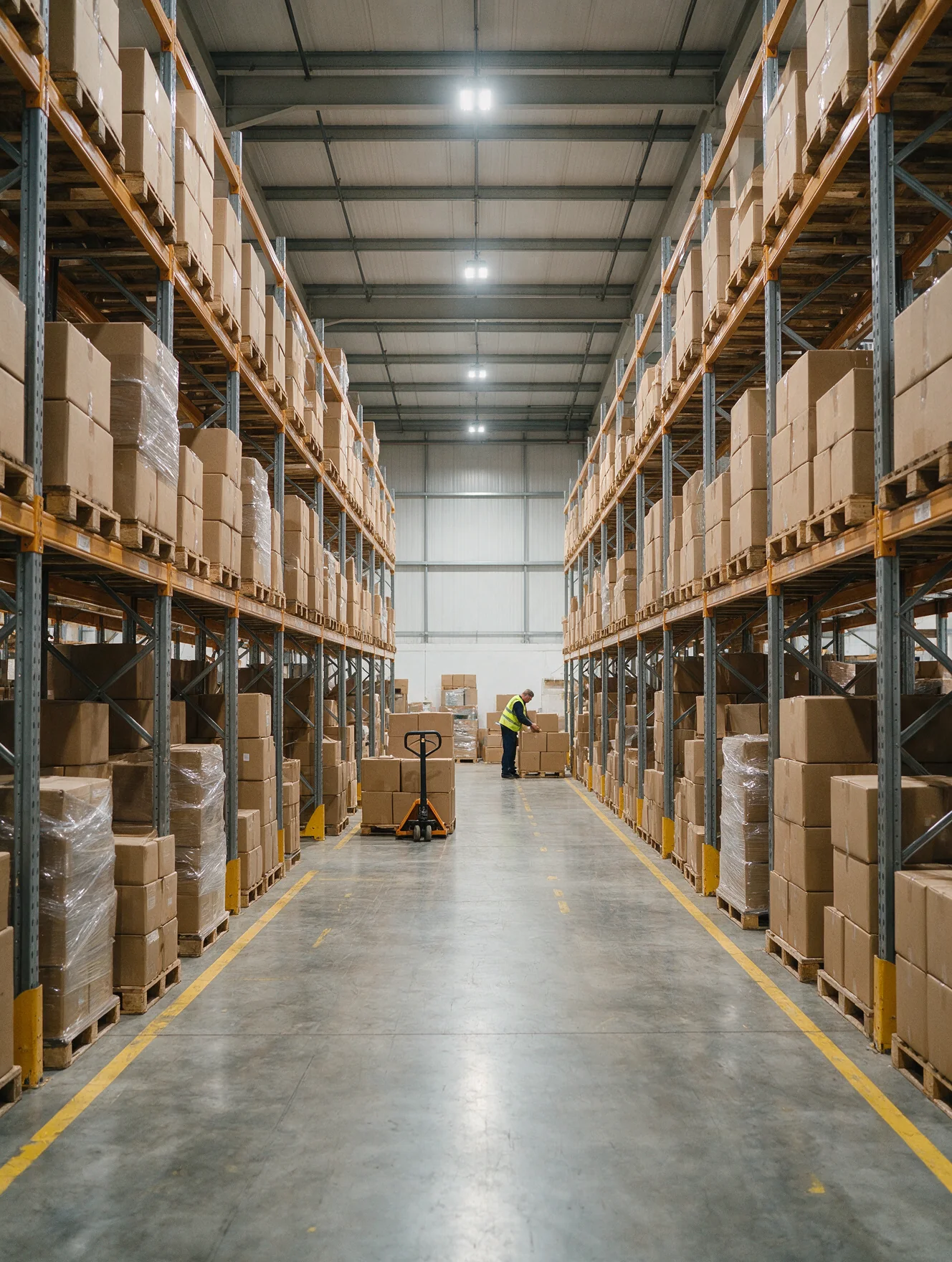 Warehouse shelving with packaged products