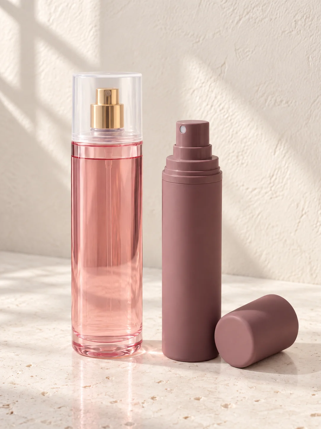 Pink body mist spray bottle beside a mauve mist bottle